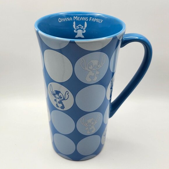 Disney Stitch Ohana Means Family Blue Polka Dot 16oz Ceramic Mug Disney Store - Picture 3 of 8